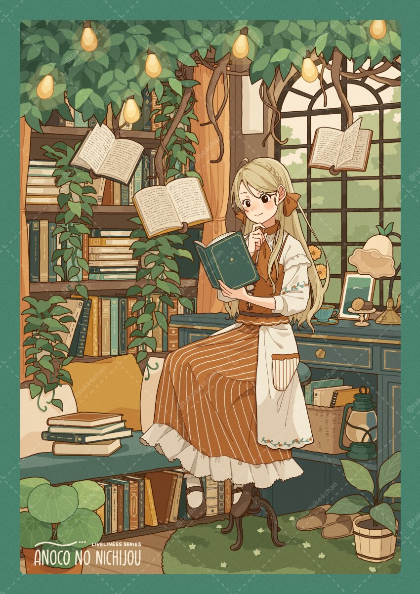 1girl absurdres artist_name basket black_eyes black_shoes blonde_hair blue_border blush book book_stack bookshelf border bow braid branch brown_bow brown_dress brown_eyes brown_ribbon brown_shoes brown_vest cabinet chair closed_mouth collared_dress crown_braid curtains day desk desk_lamp drawer dress finger_to_own_chin floating floating_book floating_object flower flower_pot foliage frilled_dress frills full_body hair_bow hair_ribbon hand_on_own_chin hanging_light hanging_plant highres holding holding_book indoors jacket lamp lantern leaf levitation light_bulb long_dress long_hair long_sleeves looking_at_object mary_janes mushroom open_book open_clothes orange_bow orange_dress orange_ribbon original picture_frame pinafore_dress plant pocket potted_plant reading ribbon shelf shoes sitting sleeveless sleeveless_dress smile socks solo stool striped_clothes striped_dress stroking_own_chin table takosuke_(gyzp7373) tree tree_stump vertical-striped_clothes vertical-striped_dress vest vines watermark white_border white_jacket white_socks window windowsill
