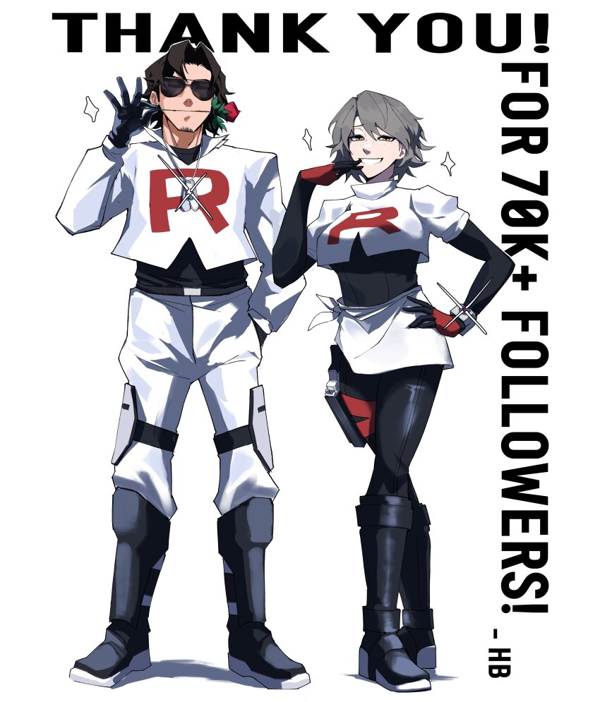 1boy 1girl absurdres aviator_sunglasses black_footwear black_gloves black_hair black_pantyhose boots breasts commentary cosplay crop_top eagle_1_(helldivers) english_commentary facial_hair flower gloves grey_hair gun hand_in_own_hair hand_on_own_hip handgun heartbreak_juan helldivers_(series) highres holster holstered james_(pokemon) james_(pokemon)_(cosplay) jessie_(pokemon) jessie_(pokemon)_(cosplay) knee_boots long_sleeves medium_breasts milestone_celebration mouth_hold nintendo pantyhose pelican_1_(helldivers) pokemon pokemon_(anime) pokemon_(classic_anime) red_flower red_rose rose short_hair single_letter skirt sparkle stubble sunglasses team_rocket team_rocket_uniform thank_you thigh_holster weapon white_skirt