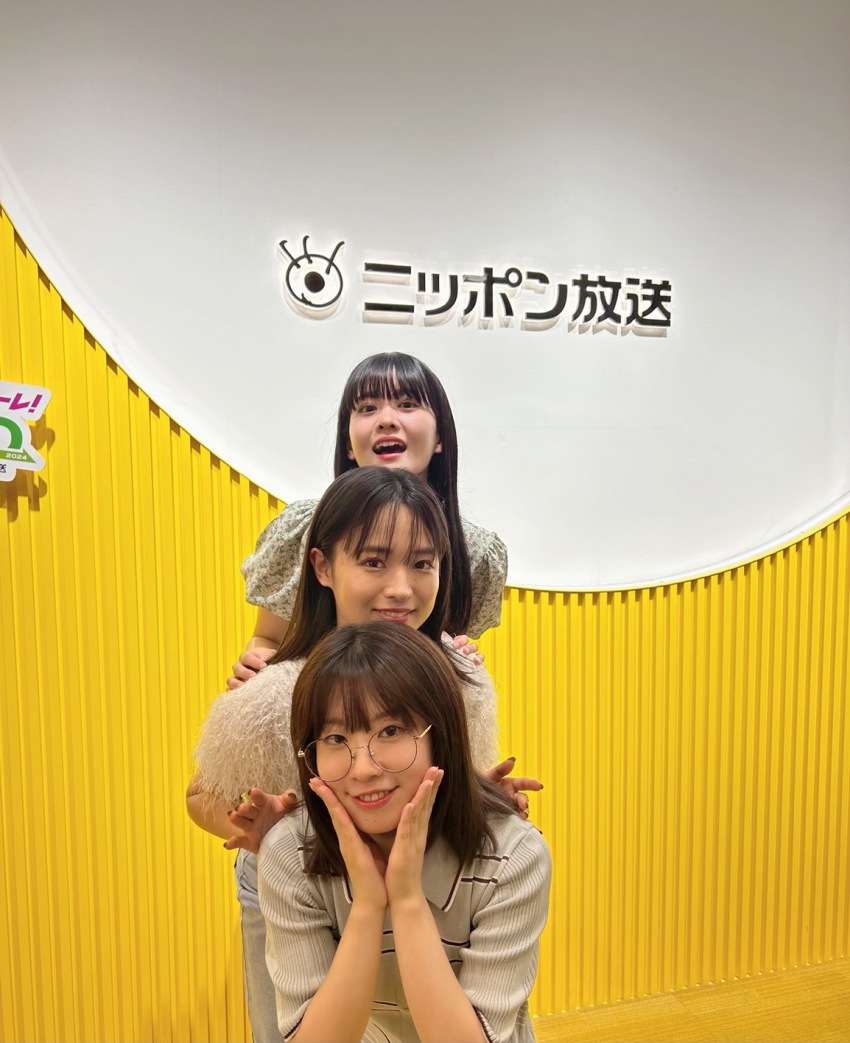 3girls furihata_ai glasses highres indoors looking_at_viewer multiple_girls ookuma_wakana oonishi_aguri photo_(medium) smile standing voice_actor