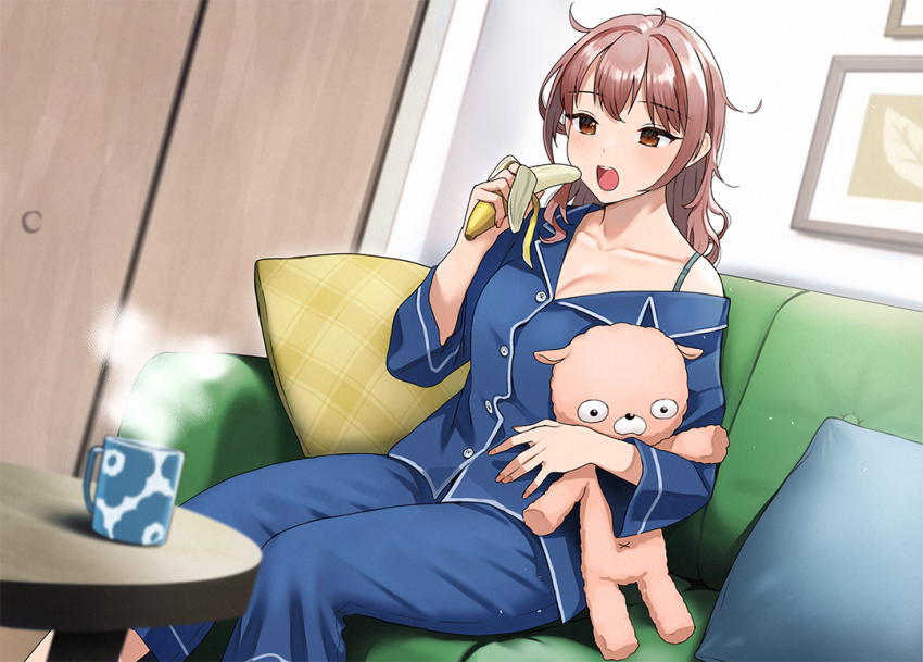 1girl arm_at_side arm_up banana blue_pajamas blue_pants blue_shirt blush bra bra_strap brown_eyes brown_hair buttons closet coffee coffee_mug collarbone couch cup door doushimasho drawing_(object) dutch_angle eating feet_out_of_frame food fruit genkai_ol-chan_nui_wo_suu hand_up holding holding_food holding_stuffed_toy indoors lapels messy_hair mug nail_polish off_shoulder open_mouth pajamas pants picture_frame pillow pink_nails shirt sliding_doors solo steam strap_slip stuffed_animal stuffed_toy table teddy_bear teeth udou_komori underwear upper_teeth_only wooden_door wooden_table