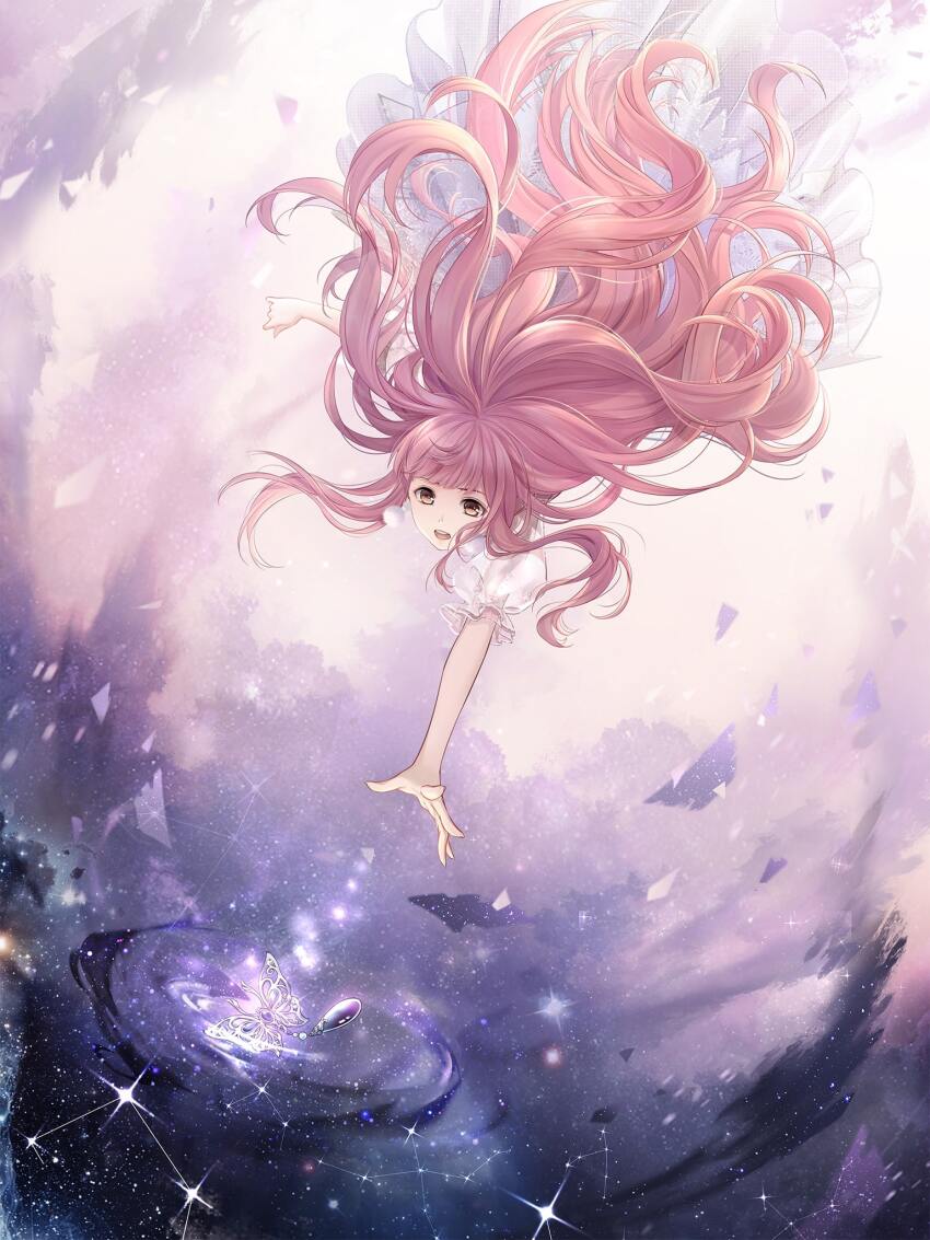 1girl artist_request bare_arms blunt_bangs brown_eyes bug butterfly cloud cloudy_sky constellation cygnus_(constellation) debris dot_nose dress earrings falling feet_out_of_frame floating_clothes floating_hair frills game_cg highres insect jewelry light_particles long_dress long_hair long_sidelocks looking_at_another loose_hair_strand miracle_nikki nikki_(nikki) nikki_(series) official_art open_mouth pink_hair pleated_dress pom_pom_(clothes) pom_pom_earrings puffy_short_sleeves puffy_sleeves reaching short_sleeves sidelocks sky solo teeth third-party_source upper_teeth_only very_long_hair wavy_hair white_dress