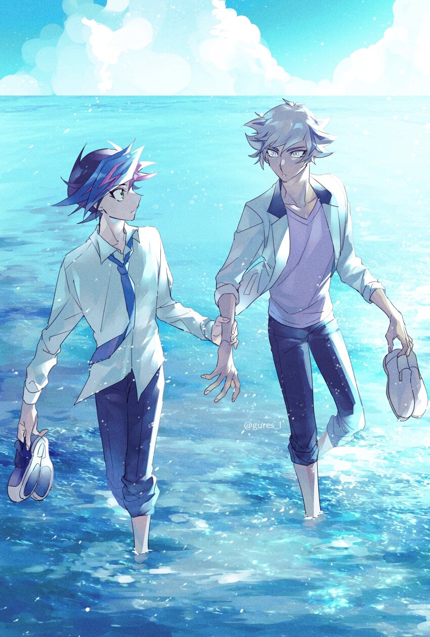 2boys :o absurdres barefoot black_footwear black_hair black_pants blazer blue_eyes blue_sky clear_sky cloud cloudy_sky colored_bangs commentary dappled_sunlight dress_shirt facing_viewer fujiki_yusaku grabbing_another&#039;s_arm green_eyes highres holding holding_another&#039;s_arm holding_shoes horizon in_water jacket kogami_ryoken light_particles looking_at_another looking_to_the_side loose_necktie male_focus mayona_(mayona1poke) multicolored_hair multiple_boys necktie ocean open_clothes open_jacket open_mouth outdoors pants pants_rolled_up pink_shirt reflection reflective_water shirt shoes sky sleeves_rolled_up smile spiked_hair splashing streaked_hair sunlight twitter_username untucked_shirt wading walking water water_drop white_footwear white_hair white_jacket white_shirt wind yu-gi-oh! yu-gi-oh!_vrains