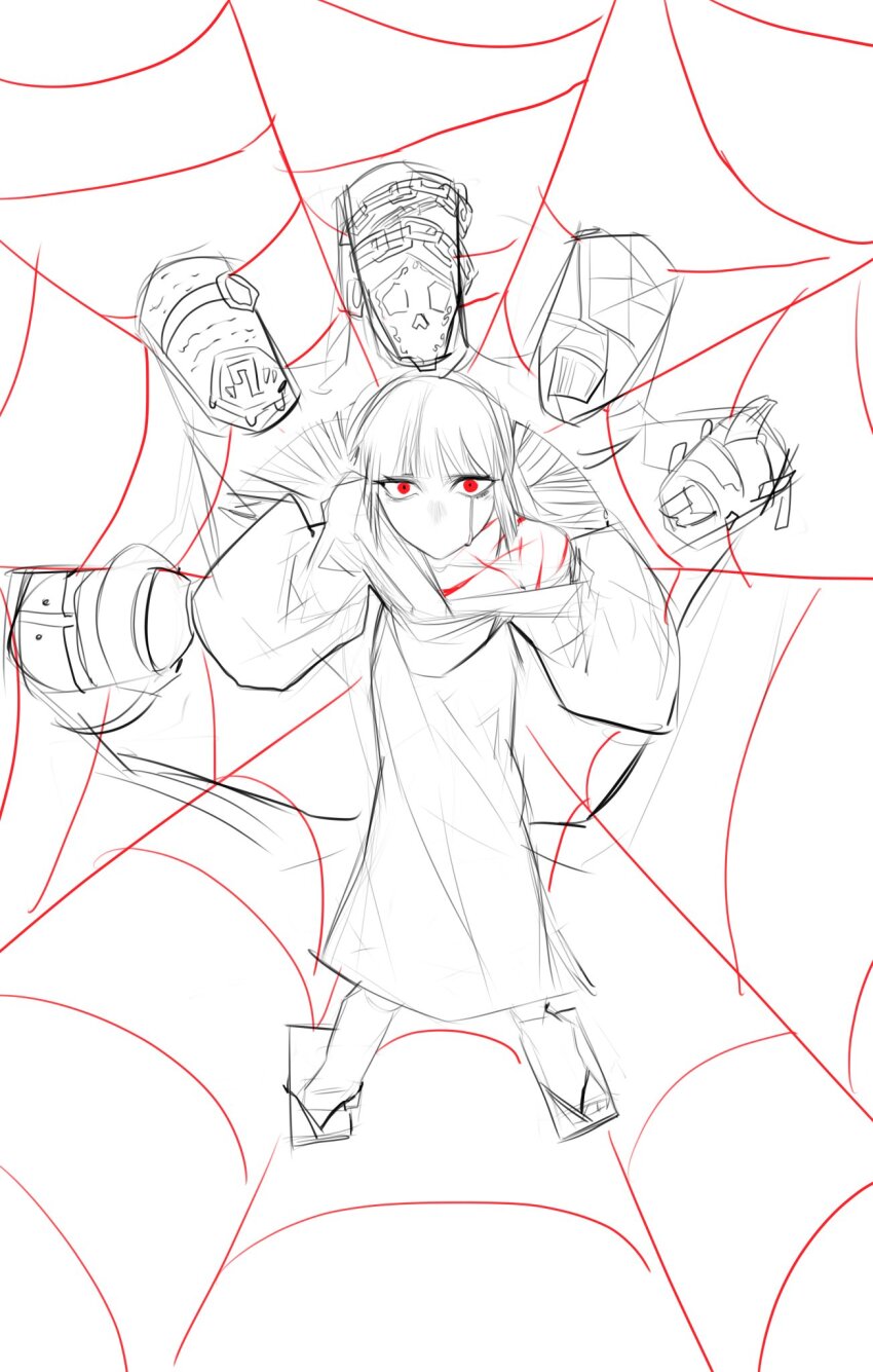 1girl commentary crying crying_with_eyes_open english_commentary flat_chest geta greyscale hai000_0 highres japanese_clothes kimono limbus_company long_hair long_sleeves looking_at_viewer looking_up monochrome no_mouth partially_colored project_moon red_eyes ryoshu_(project_moon) scar scar_on_chest silk simple_background sketch solo spider_web tears wide_sleeves