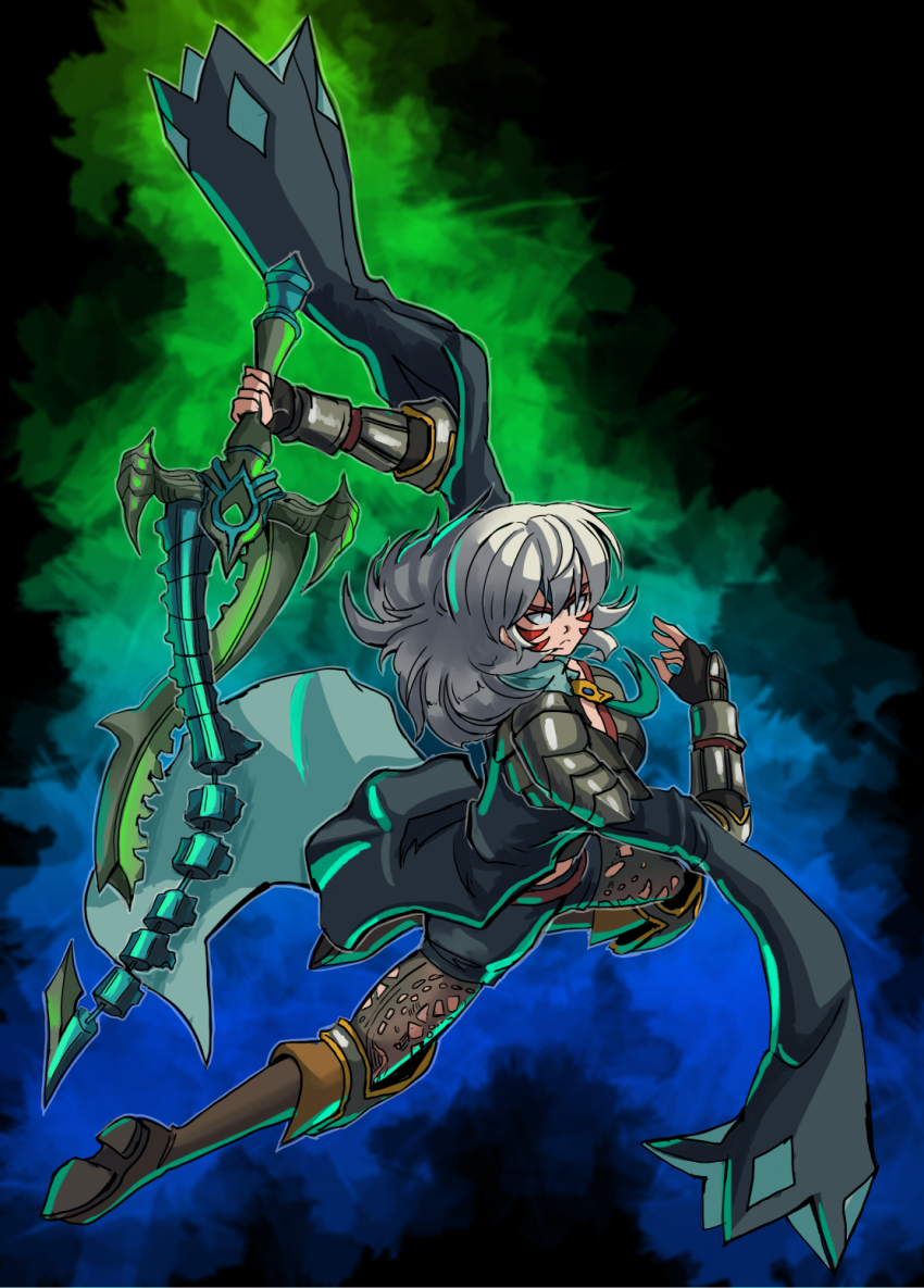 1girl alternate_color alternate_costume alternate_eye_color alternate_form alternate_hair_color armor attack aura belt black_background breasts brown_footwear female_byleth_(fire_emblem) coat corruption crescent crescent_print crossover dagger dark_persona detached_sleeves facial_tattoo fierce_deity fingerless_gloves fire_emblem fire_emblem:_three_houses frown gloves hal_laboratory highres holding holding_sword holding_weapon incoming_attack intelligent_systems jumping knee_up knife leg_up long_hair long_sleeves looking_to_the_side necktie nintendo no_pupils pauldrons possessed possession serious shoulder_armor stoic_seraphim super_smash_bros. sword sword_of_the_creator tattoo the_legend_of_zelda the_legend_of_zelda:_majora&#039;s_mask weapon white_eyes white_hair wrist_guards