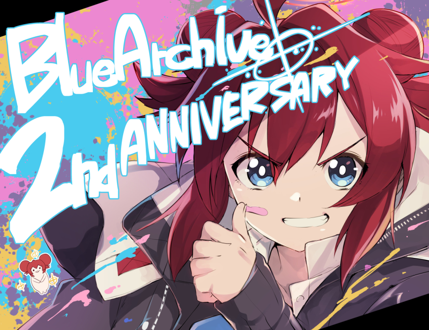 1girl ahoge anniversary blue_archive blue_eyes double_bun english_text grin hair_bun halo hood hood_down hooded_jacket jacket looking_at_viewer maki_(blue_archive) mitsukoshi_haruha nazomaki_(blue_archive) paint_on_clothes paint_splatter paint_splatter_on_face portrait red_hair short_hair sidelocks smile solo