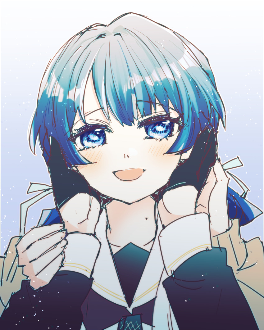 2girls :d black_gloves blue_eyes blue_hair blue_ribbon brown_cardigan cardigan collarbone commentary_request dress female_pov gloves gradient_hair hair_ribbon half_gloves hands_on_another&#039;s_cheeks hands_on_another&#039;s_face hasu_no_sora_school_uniform highres kanduki_kamibukuro light_particles link!_like!_love_live! long_hair long_sleeves looking_at_viewer love_live! low_twintails multicolored_hair multiple_girls murano_sayaka open_cardigan open_clothes open_mouth pov pov_hands purple_background ribbon sailor_collar sailor_dress school_uniform simple_background smile twintails virtual_youtuber white_sailor_collar winter_uniform yugiri_tsuzuri yuri