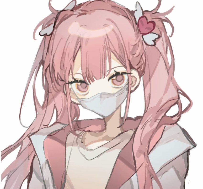 1boy alternate_costume alternate_hairstyle androgynous crossdressing hair_ornament heart heart_hair_ornament highres jacket li_tianchen long_hair looking_at_viewer mask mouth_mask open_clothes open_jacket pink_eyes pink_hair sea_foam shiguang_dailiren shirt simple_background sketch solo surgical_mask trap twintails upper_body white_background white_jacket white_shirt