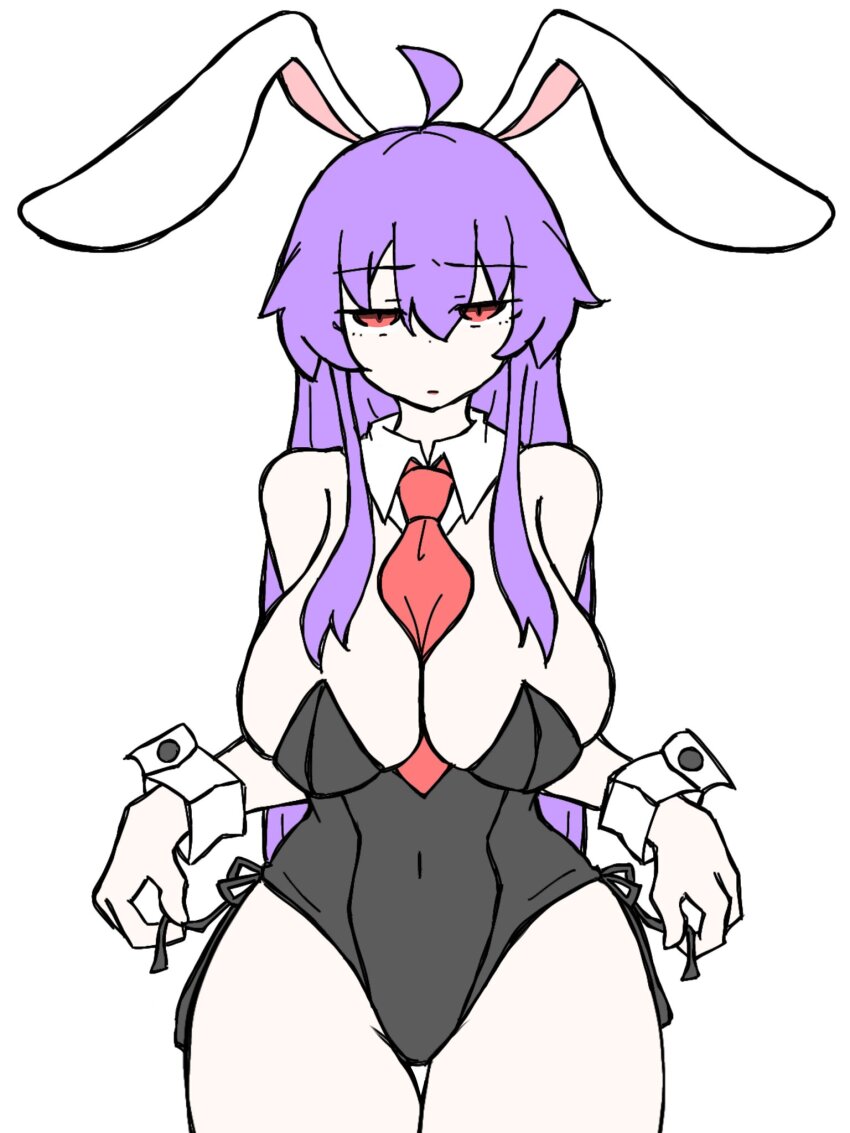 1girl ahoge animal_ears between_breasts black_leotard breasts cleavage closed_mouth covered_navel cowboy_shot detached_collar fumomono highres large_breasts leotard long_hair looking_at_viewer necktie necktie_between_breasts purple_hair rabbit_ears rabbit_girl red_necktie reisen_udongein_inaba sidelocks simple_background solo touhou white_background wrist_cuffs