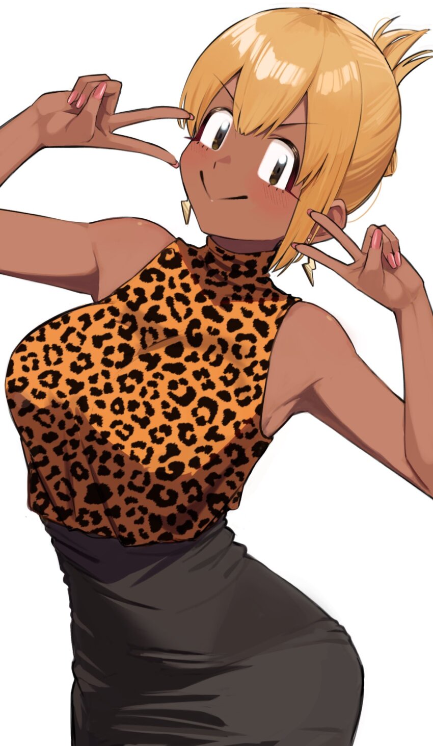 1girl :&gt; animal_print ayatak0517 black_eyes black_skirt blonde_hair dark-skinned_female dark_skin double_v earrings gyaru high-waist_skirt highres jewelry komi-san_wa_komyushou_desu leopard_print lightning_bolt_earrings lightning_bolt_symbol manbagi_rumiko onee_gyaru shirt simple_background skirt sleeveless sleeveless_shirt smile solo turtleneck v white_background