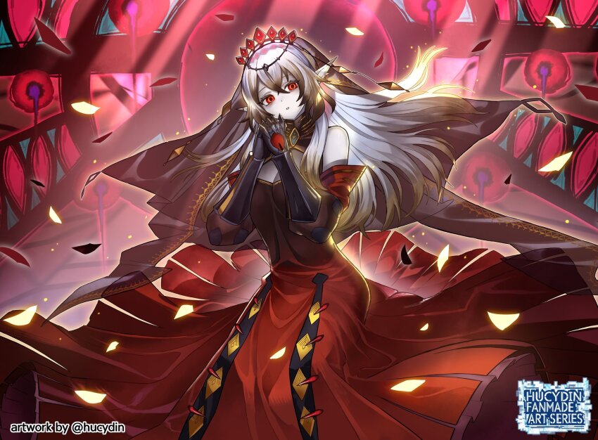 1girl artist_name black_veil blazing_cartesia_the_virtuous breasts cleavage debris detached_sleeves dress duel_monster ecclesia_(yu-gi-oh!) gauntlets highres hucydin large_breasts long_hair looking_at_viewer pale_skin pointy_ears red_dress red_eyes solo tiara veil very_long_hair watermark white_hair yu-gi-oh!