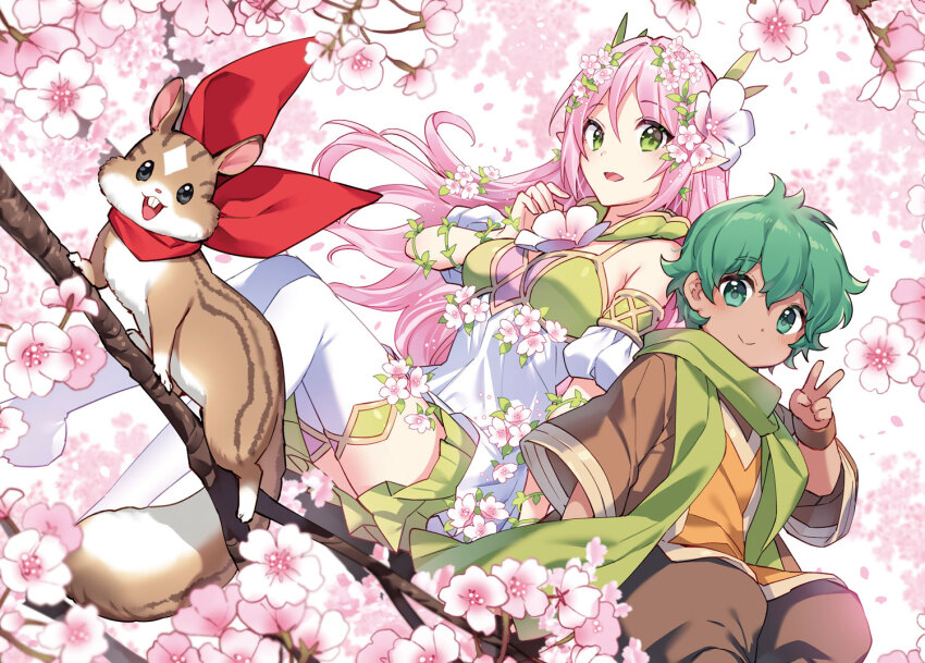 1boy 1girl :d boots cherry_blossoms deokure_tamer_no_sonohigurashi detached_sleeves dress familiar flower green_eyes green_hair green_scarf hair_flower hair_ornament in_tree long_hair nardack neckerchief novel_illustration off-shoulder_dress off_shoulder official_art olto open_mouth pink_hair red_neckerchief rick_(deokure_tamer_no_sonohigurashi) robe sakura_(deokure_tamer_no_sonohigurashi) scarf second-party_source short_hair sitting sitting_in_tree smile squirrel thigh_boots thighhighs tree v zettai_ryouiki