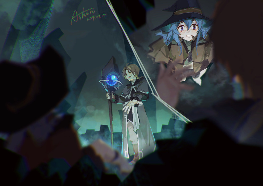 1boy 1girl absurdres aqua_heartia ashino333333 blue_eyes blue_hair brown_hair cloak dungeon fog hat highres hood hooded_cloak mage_staff multiple_pov mushoku_tensei outstretched_hand pov roxy_migurdia rudeus_greyrat split_screen staff witch_hat