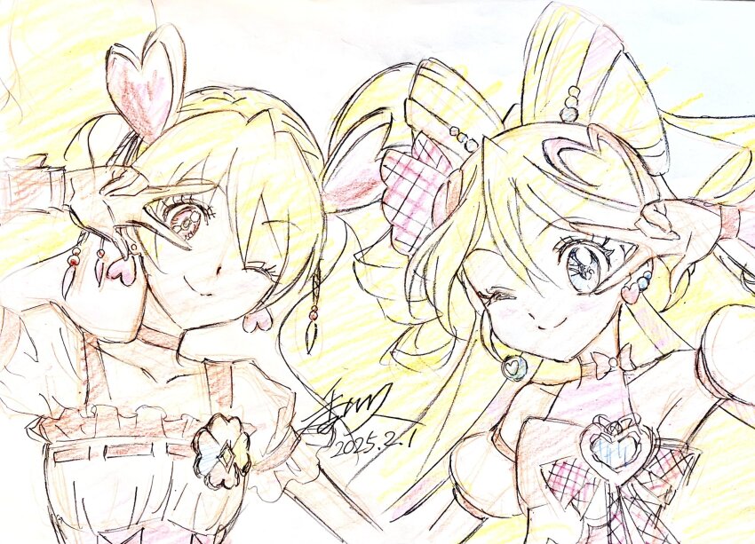 2girls ;) blonde_hair blue_eyes brooch choker cure_idol cure_peach earrings framed_breasts fresh_precure! graphite_(medium) hair_ornament heart heart_brooch heart_earrings heart_hair_ornament highres jewelry kagawa_hisashi kimi_to_idol_precure multiple_girls one_eye_closed pink_eyes pink_wrist_cuffs precure signature smile traditional_media twintails v wrist_cuffs