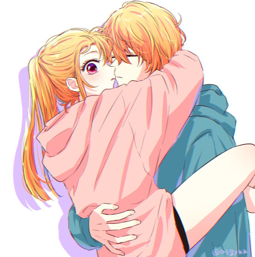 1boy 1girl absurdres aqua_hoodie asgykk black_shorts blonde_hair blush brother_and_sister carrying closed_mouth hair_between_eyes highres hood hoodie hoshino_aquamarine hoshino_ruby hug long_hair long_sleeves open_mouth oshi_no_ko pink_eyes pink_hoodie ponytail princess_carry short_hair shorts siblings