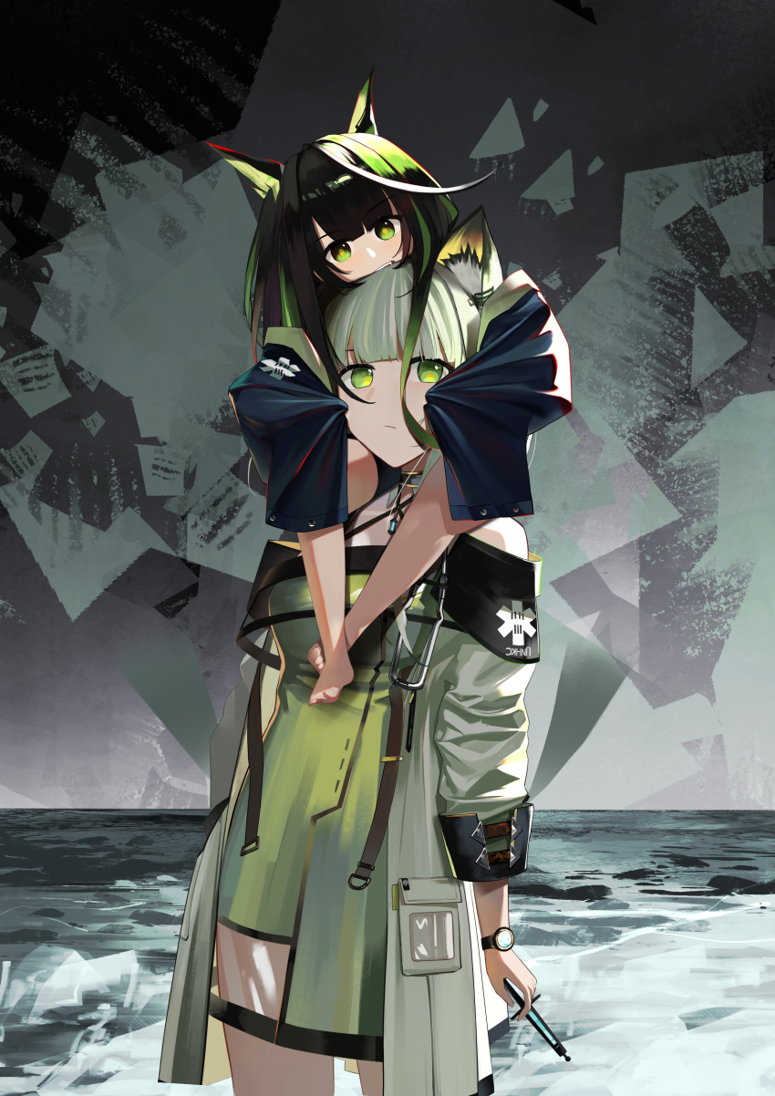2girls absurdres ahoge animal_ear_fluff animal_ears arknights bare_shoulders barefoot black_hair black_jacket child chinese_commentary closed_mouth commentary_request covered_mouth crossed_ankles dress feet green_dress green_eyes green_hair head_hug highres holding huge_ahoge jacket kal&#039;tsit_(arknights) long_sleeves looking_at_viewer mon3tr_(arknights) multiple_girls off_shoulder partial_commentary short_hair_with_long_locks sitting sitting_on_person sleeves_past_fingers sleeves_past_wrists standing star_of_life watch white_dress wristwatch zheng_yu_qi_sheng