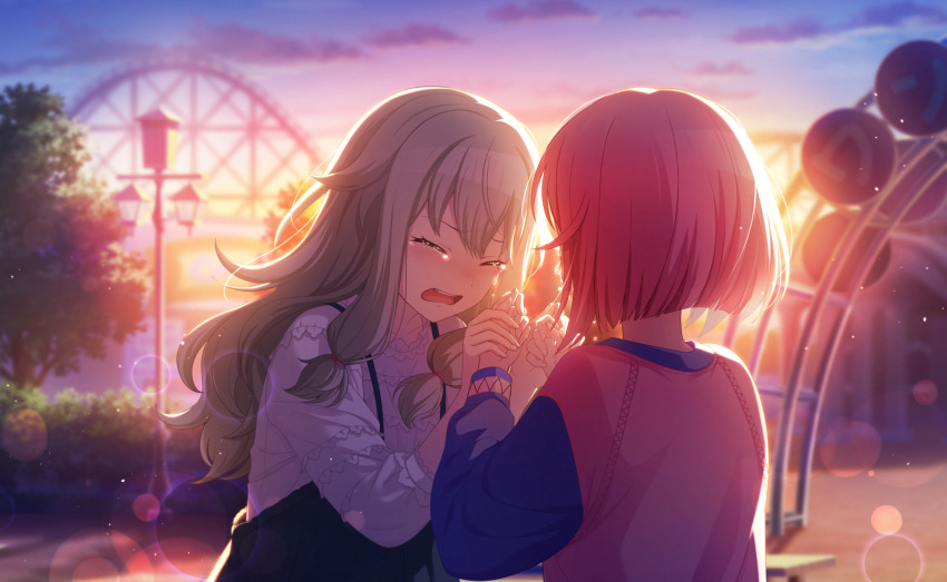 2girls atashi-tachi_no_happy_end_(project_sekai) backlighting blurry bokeh closed_eyes colorful_palette depth_of_field game_cg green_hair highres kusanagi_nene long_hair looking_at_another low-tied_sidelocks medium_hair multiple_girls official_art ootori_emu pink_hair project_sekai roller_coaster shirt sidelocks tears teeth third-party_source tongue tree upper_teeth_only white_shirt