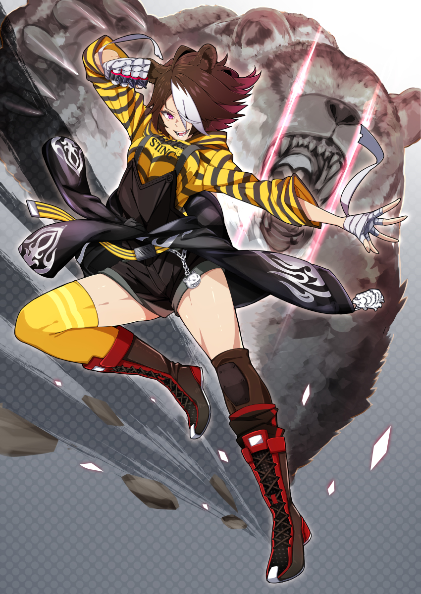 1girl absurdres animal_ears arknights bandaged_hand bandages bear bear_ears beehunter_(arknights) belt belt_buckle black_shorts black_sweater brown_footwear brown_hair buckle chain charm_(object) cno fangs fingernails highres holding holding_weapon knee_pads multicolored_hair open_mouth pink_hair purple_eyes shorts smile solo spiked_knuckles sweater teeth thighhighs tongue weapon white_hair yellow_thighhighs