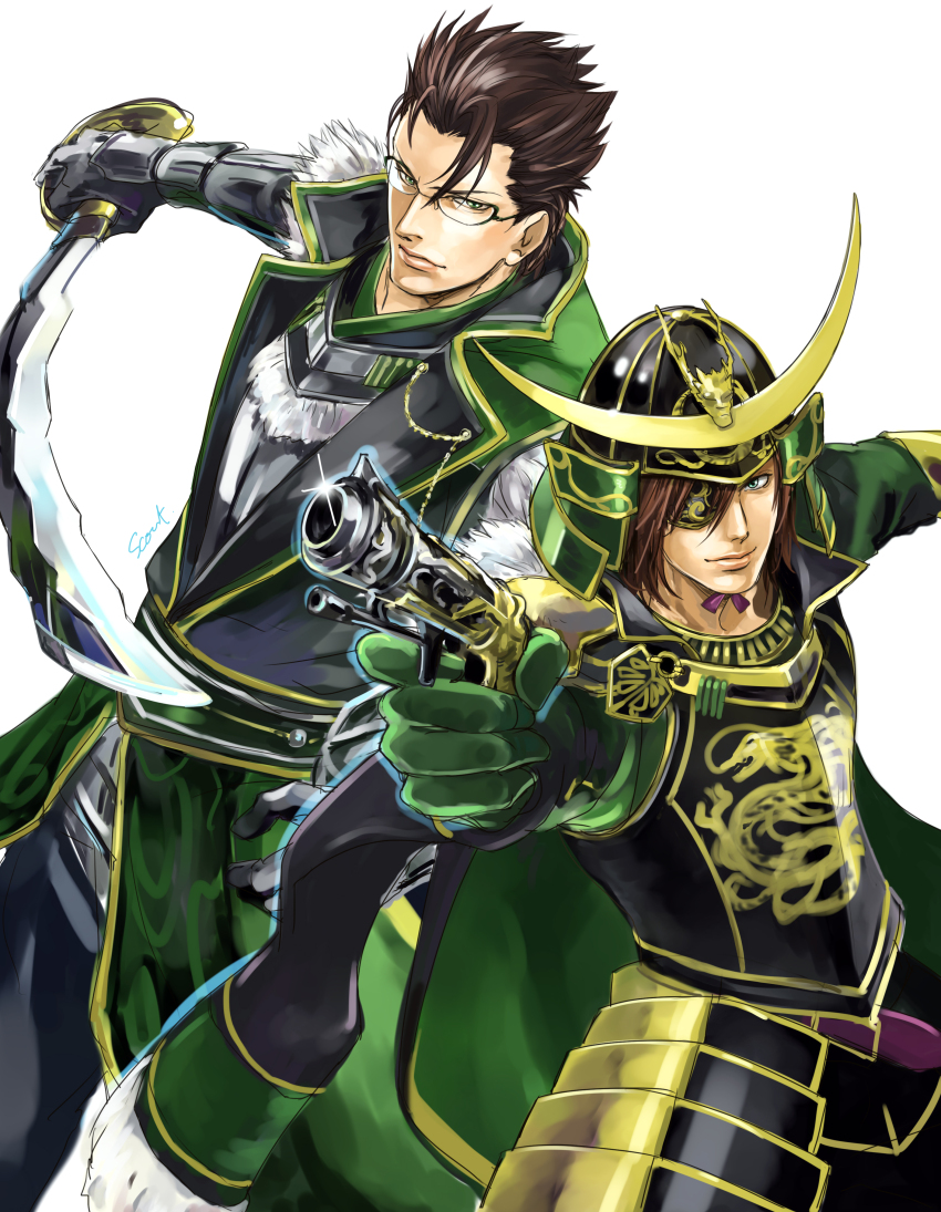 absurdres armor back-to-back brown_eyes brown_hair date_masamune eyepatch glasses gun handgun helmet highres katakura_kojuurou male_focus pistol sengoku_musou swept_bangs sword weapon