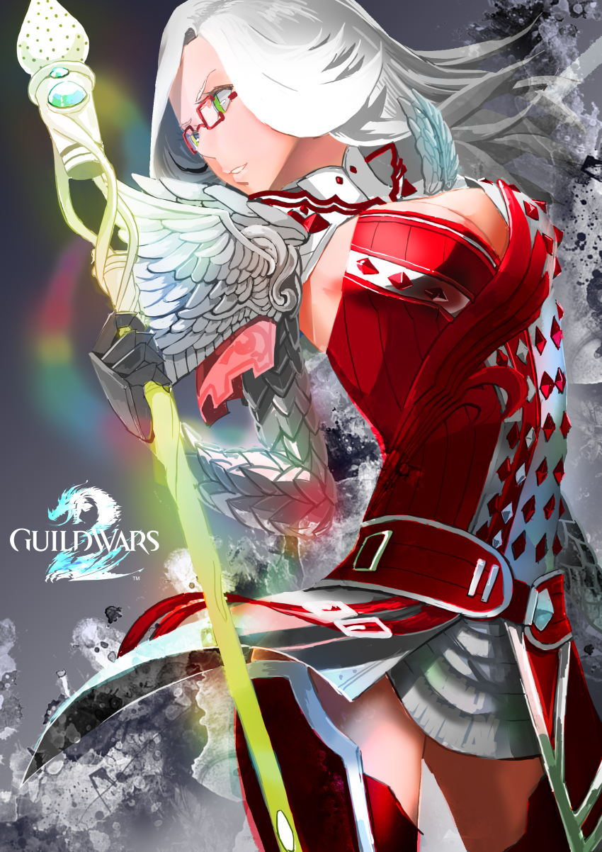 1girl absurdres arm_armor armor armored_boots armored_dress bad_id bad_pixiv_id beijuu belt belt_skirt boots breasts cleavage cleavage_cutout clothing_cutout collar dress female_focus glasses gloves green_eyes guild_wars_(series) guild_wars_1 guild_wars_2 highres hip_focus long_hair medium_breasts ornament red-framed_eyewear red_boots scoutsmiso shoulder_armor skirt solo staff studs thigh_boots thighhighs thighs white_dress white_hair white_skirt
