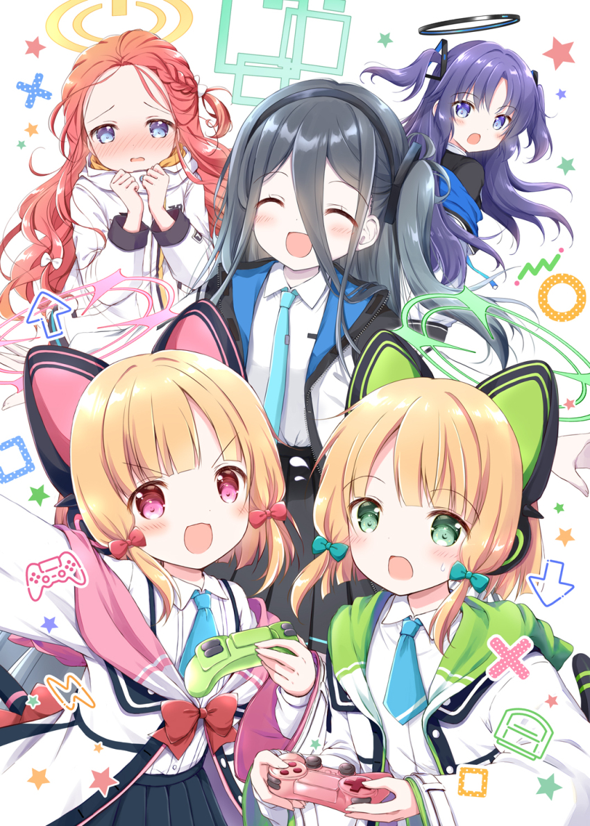 5girls ^_^ animal_ear_headphones animal_ears aqua_necktie aris_(blue_archive) black_hair black_skirt blonde_hair blue_archive blush bow cat_ear_headphones cat_ears cat_tail closed_eyes controller fake_animal_ears fake_tail forehead game_controller game_development_department_(blue_archive) green_bow hair_between_eyes hair_bow halo headphones highres holding holding_controller holding_game_controller hood hooded_jacket jacket long_hair_between_eyes looking_at_viewer midori_(blue_archive) momoi_(blue_archive) multiple_girls nanase_miori necktie nose_blush one_side_up pleated_skirt purple_hair red_bow red_hair school_uniform shirt sidelocks skirt smile star_(symbol) tail two-sided_fabric two-sided_jacket two_side_up white_jacket white_shirt yuuka_(blue_archive) yuzu_(blue_archive)