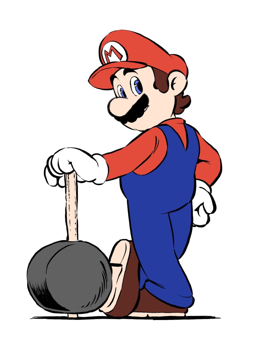 1boy blue_eyes brown_hair donkey_kong_(series) facial_hair gloves grin hammer hand_on_own_hip hat highres looking_at_viewer looking_back mario mario_(series) mario_vs._donkey_kong mustache nintendo overalls petu_san smile