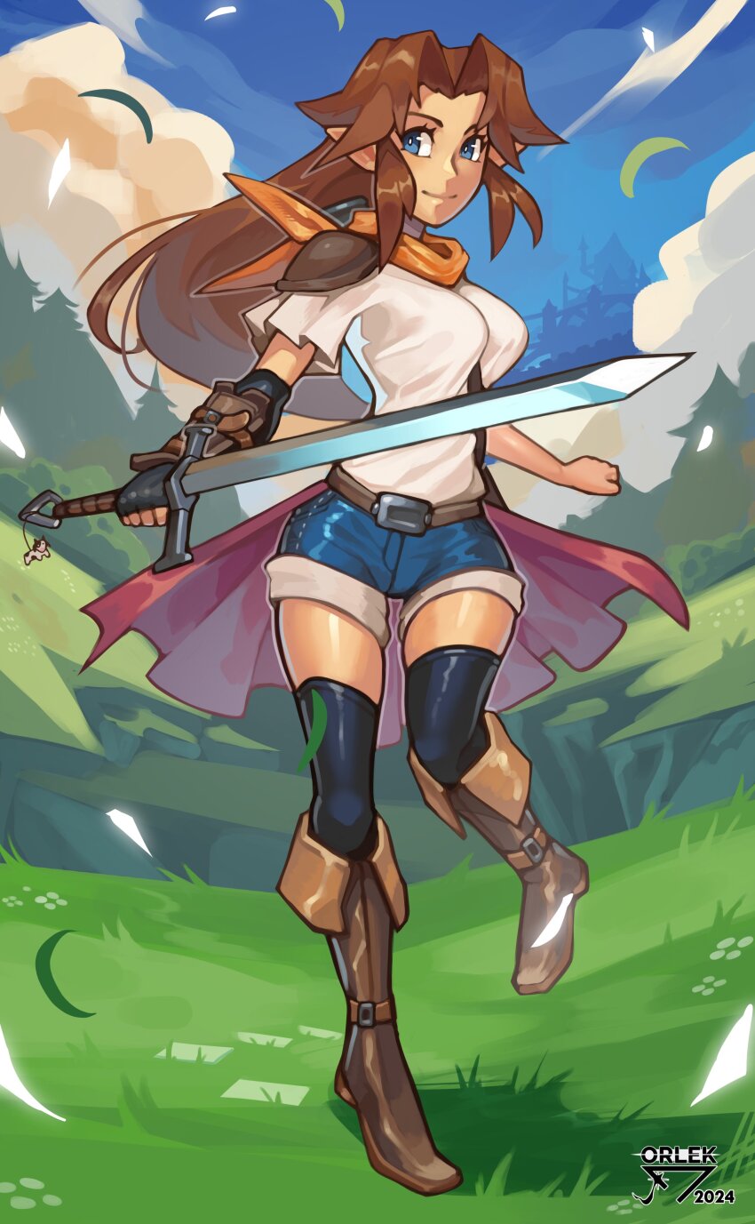 1girl absurdres alternate_costume animal_charm artist_logo between_breasts black_gloves black_thighhighs blue_eyes blue_shorts boots breasts brown_boots brown_hair cloud cloudy_sky commentary crescent dated day english_commentary fingerless_gloves full_body gloves grass highres holding holding_sword holding_weapon knee_boots logo long_hair looking_at_viewer malon nintendo orange_scarf orlek outdoors pointy_ears purple_sarong sarong scarf shirt shorts shoulder_pads single_glove sky solo standing standing_on_one_leg strap_between_breasts sword the_legend_of_zelda the_legend_of_zelda:_ocarina_of_time thighhighs weapon white_shirt zettai_ryouiki