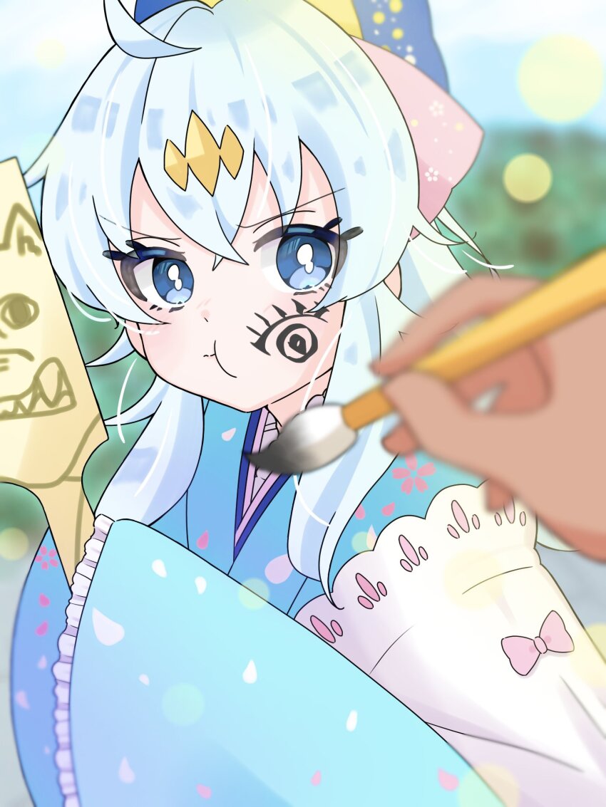 2girls ahoge azusa_aoi_koke blue_eyes blue_kimono blurry blurry_background blurry_foreground closed_mouth dragon_musume_ni_naritakunai! duel_masters facepaint hagoita hair_ornament hair_ribbon hairpin haori highres holding holding_brush holding_paddle japanese_clothes kimono kumada_suzu multiple_girls outdoors paddle painting_(action) pout pov pov_hands print_kimono ribbon sidelocks upper_body white_hair wide_sleeves