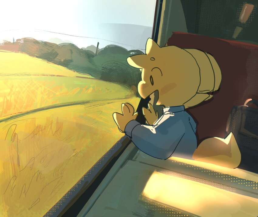 1boy field flare_(lumozze) from_inside gecko happy highres lizard looking_outside lumozze original sitting solo train_interior