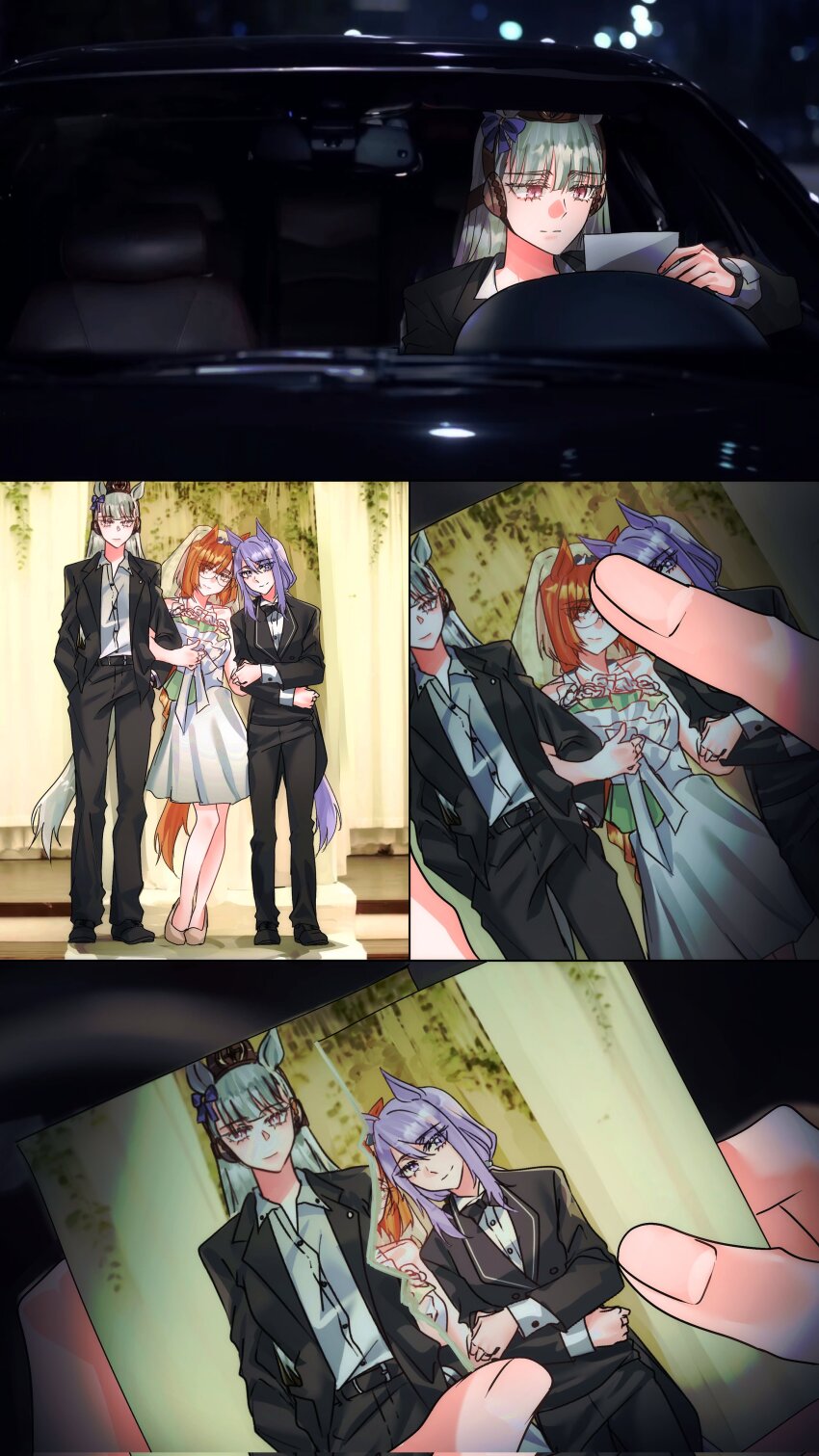 3girls absurdres animal_ears aqua_bow b_lt bare_shoulders belt black_belt black_bow black_bowtie black_jacket black_pants blunt_bangs bouquet bow bowtie bridal_veil bride brown_hair brown_hat car closed_mouth collarbone collared_shirt dress driving ear_bow ear_ribbon flower formal_clothes glasses gold_ship_(umamusume) grey_hair hat high_heels highres holding holding_bouquet holding_photo horse_ears horse_girl horse_tail ikuno_dictus_(umamusume) jacket locked_arms long_hair long_sleeves mejiro_mcqueen_(umamusume) motor_vehicle multiple_girls open_clothes open_jacket pants parody photo-referenced photo_(object) pillbox_hat purple_bow purple_eyes purple_hair ripping round_eyewear scene_reference shirt shoes smile suit suit_jacket tail umamusume veil wedding wedding_dress white_dress white_shirt