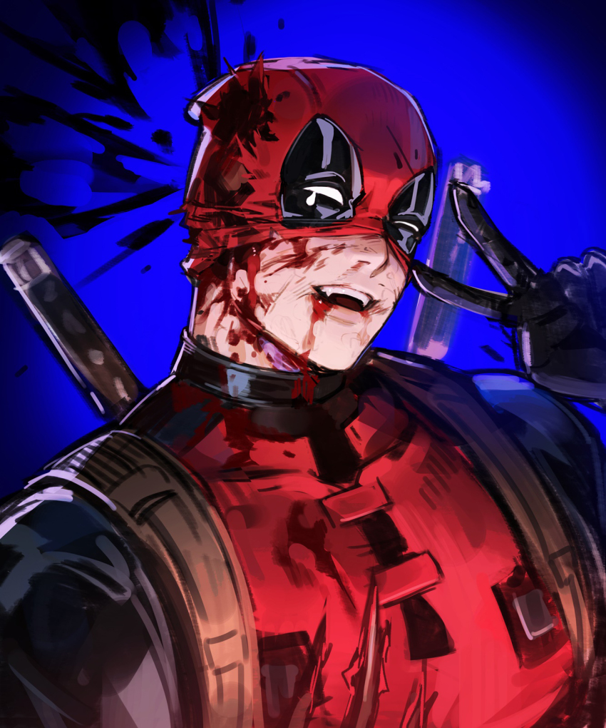 1boy animification black_bodysuit black_gloves blood blood_on_clothes blood_on_face blue_background bodysuit covered_collarbone deadpool deadpool_(series) fang gloves hand_up highres male_focus malin_linnn marvel mask open_mouth red_bodysuit red_mask simple_background smile solo superhero_costume teeth torn_mask two-tone_bodysuit upper_body v weapon weapon_on_back