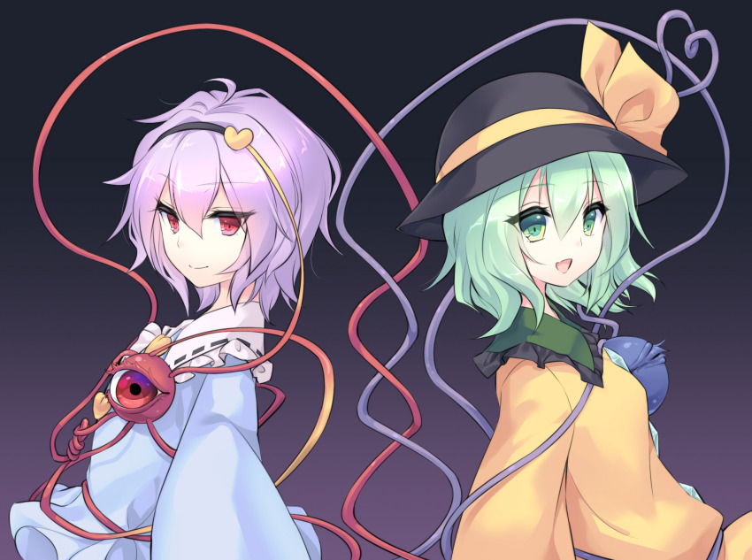 2girls :d black_hairband black_headwear blouse blue_shirt bow closed_mouth eyelashes fang frilled_shirt_collar frills from_side green_eyes green_hair hair_between_eyes hair_ornament hairband hat hat_bow heart heart_hair_ornament heart_of_string helix highres komeiji_koishi komeiji_satori medium_hair multiple_girls open_mouth pink_hair red_eyes ribbon_trim shirt short_hair siblings sisters skin_fang smile third_eye touhou upper_body yellow_bow yellow_shirt ynn