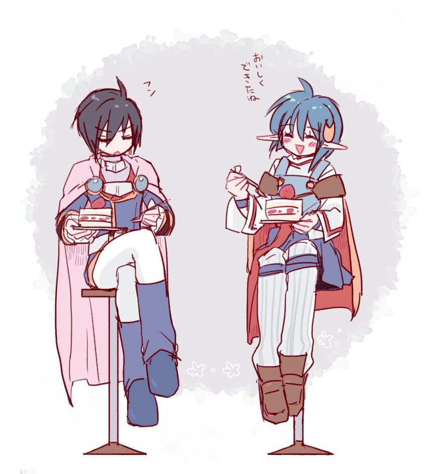1boy 1girl :d ahoge black_hair blue_hair blush_stickers cake cape crescent crescent_hair_ornament crossover food full_body hair_ornament leon_magnus open_mouth pointy_ears red_cape rena_lanford short_hair sitting skirt smile star_ocean star_ocean_anamnesis star_ocean_the_second_story suuu178 tales_of_(series) tales_of_destiny tales_of_the_rays thighhighs white_background