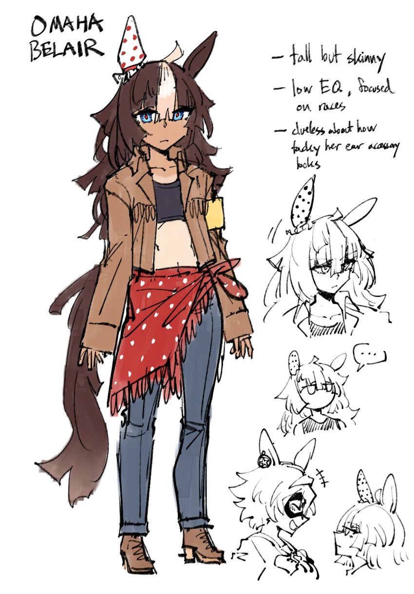 animal_ears armband brown_hair brown_jacket crop_top denim earrings eye_mask genderswap genderswap_(mtf) hi-yo_silver_(the_lone_ranger) highres jacket jeans jewelry kaibootsu long_sleeves omaha_(racehorse) original pants polka_dot ribbon size_difference tan the_lone_ranger umamusume yellow_armband