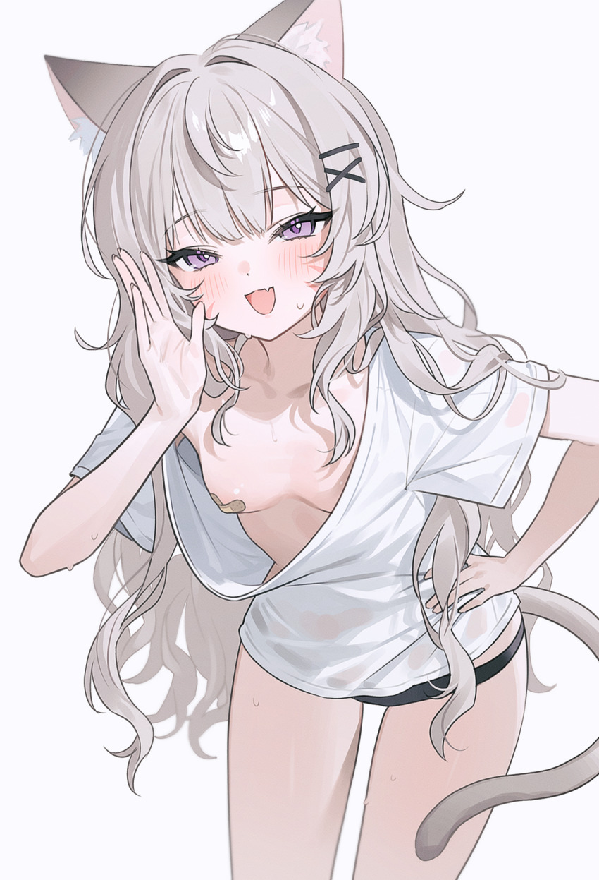 1girl animal_ear_fluff animal_ears bandages bent_over black_panties blush breasts cat_ears cat_tail commentary_request commission downblouse extended_downblouse fang fymrie hair_ornament hairclip hand_on_own_hip hand_up highres long_hair looking_at_viewer no_bra open_mouth original panties purple_eyes resia_(emonmong) revision shirt short_sleeves simple_background small_breasts smile solo sweat tail thighs underwear very_long_hair white_background white_hair white_shirt