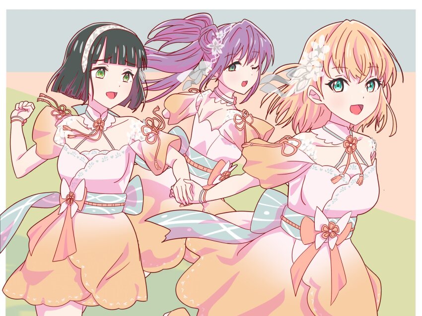 3girls 3rd_live_tour_try_tri_unity!!! :d ;d aoku_haruka/flower aqua_eyes black_hair blue_background blunt_bangs blunt_ends bob_cut border breasts cerise_bouquet collarbone commentary_request cowboy_shot crossed_bangs dress gradient_clothes gradient_dress green_background green_eyes hair_bun hairband highres hinoshita_kaho holding_hands lace_hairband link!_like!_love_live! long_hair love_live! medium_breasts medium_hair momose_ginko multicolored_background multiple_girls myrain56991013 nervous_smile off-shoulder_dress off_shoulder official_alternate_costume one_eye_closed open_mouth orange_background orange_dress orange_hair otomune_kozue purple_hair running short_dress short_hair short_sleeves shoulder_blades side_ponytail sidelocks single_side_bun smile two_side_up virtual_youtuber white_border white_dress white_hairband