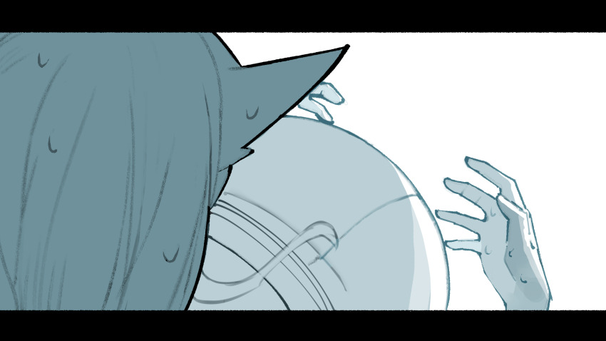 1girl animal_ears arknights cat_ears cat_girl greyscale highres kal&#039;tsit_(arknights) letterboxed monochrome pregnant solo sweat teasmacker