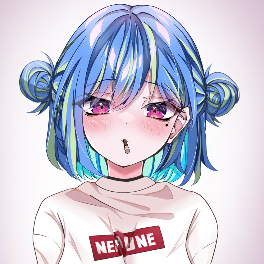 1girl absurdres blue_hair blush closed_eyes commentary_request double_bun food food_in_mouth green_hair hair_between_eyes hair_bun highres incoming_pocky_kiss mole mole_under_eye mouth_hold multicolored_hair nanashi_inc. official_alternate_costume open_mouth pink_eyes pocky pocky_day pocky_in_mouth sakuta1221pc short_hair solo suzumi_nemo suzumi_nemo_(2nd_costume) sweater two-tone_hair upper_body virtual_youtuber white_background white_sweater