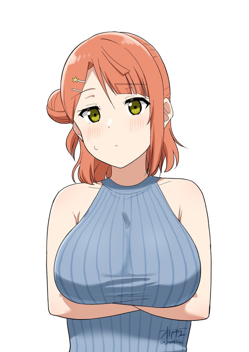 1girl armpit_crease arms_under_breasts bare_shoulders blue_sweater blush breasts closed_mouth commentary_request frown green_eyes hair_bun hair_ornament hairclip highres large_breasts looking_at_viewer love_live! love_live!_nijigasaki_high_school_idol_club medium_hair ohrinas orange_hair ribbed_sweater signature single_side_bun sleeveless sleeveless_sweater solo sweatdrop sweater twitter_username uehara_ayumu upper_body