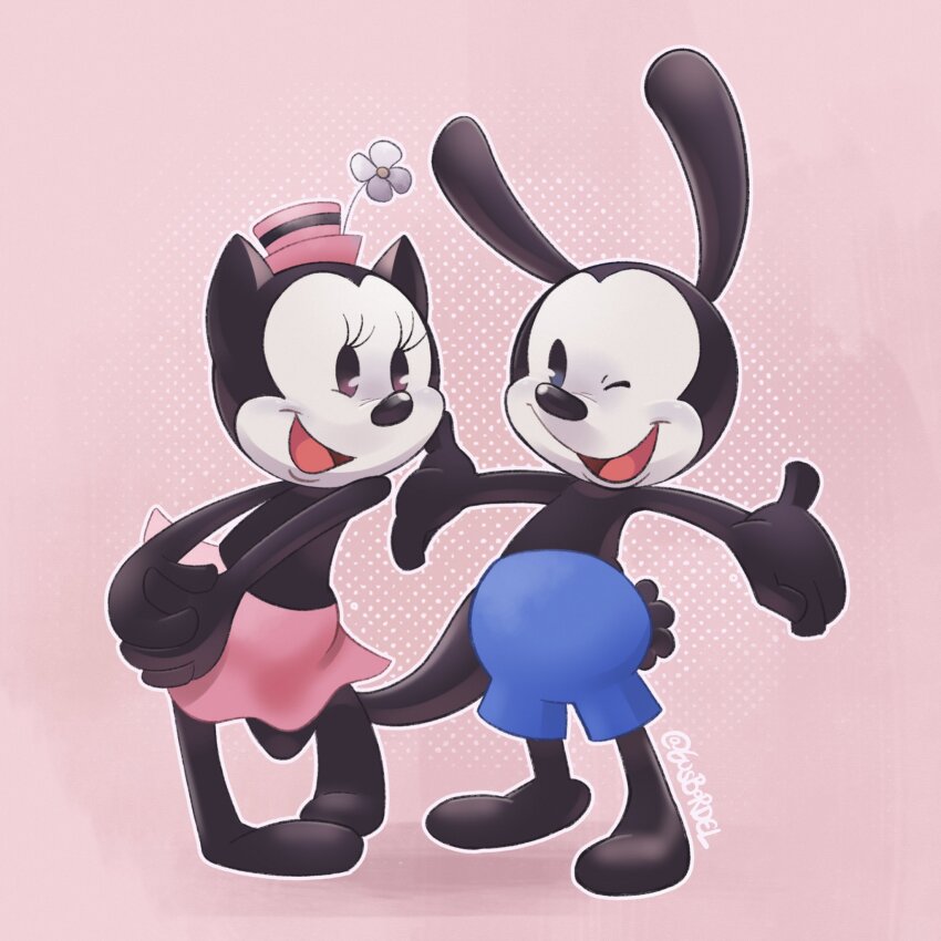1boy 1girl blue_shorts cat_girl disney epic_mickey flower gusbordel hat highres mickey_mouse_&amp;_friends no_humans one_eye_closed open_mouth ortensia_the_cat oswald_the_lucky_rabbit pink_skirt rabbit_boy shorts skirt smile