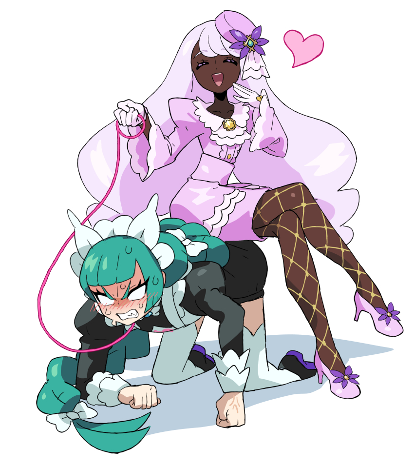 2girls absurdres apron braid braided_ponytail dark-skinned_female dark_skin femdom green_hair highres holding holding_leash jacinthe_(pokemon) juliet_sleeves leash lebanne_(pokemon) long_hair long_sleeves low_drills maid_apron maid_headdress multiple_girls nintendo pokemon pokemon_legends:_z-a puffy_sleeves sach56000 single_braid sitting sitting_on_person