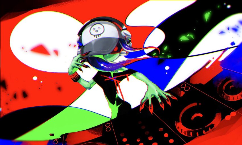 1girl abstract_background aramaki_spla baseball_cap black_dress blue_hair bracelet chromatic_aberration closed_mouth colored_extremities colored_skin commentary dedf1sh dj dress expressionless fingernails floating_hair glasses gradient_hair green_skin hand_up hat headphones headphones_over_headwear jewelry long_hair multicolored_hair nintendo octoling phonograph red_hair sanitized_(splatoon) sharp_fingernails solo splatoon_(series) splatoon_2 splatoon_2:_octo_expansion tentacle_hair turntable two-tone_hair
