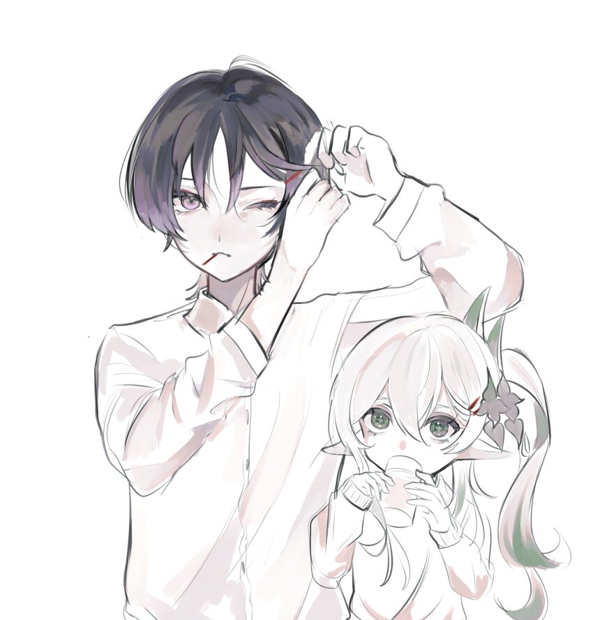 1boy 1girl alternate_costume black_hair blunt_ends closed_mouth collared_shirt colored_tips cross-shaped_pupils cup drinking eyelashes eyeliner eyeshadow genshin_impact green_eyes green_hair grey_pupils hair_ornament hairclip hands_up height_difference highres holding holding_cup hoshino_01074 long_hair long_sleeves looking_at_viewer makeup multicolored_hair nahida_(genshin_impact) one_eye_closed pointy_ears purple_eyes purple_hair red_eyeliner red_eyeshadow scaramouche_(genshin_impact) shirt side_ponytail sidelocks sketch streaked_hair symbol-shaped_pupils tying_hair white_background white_hair white_shirt white_sleeves wispy_bangs