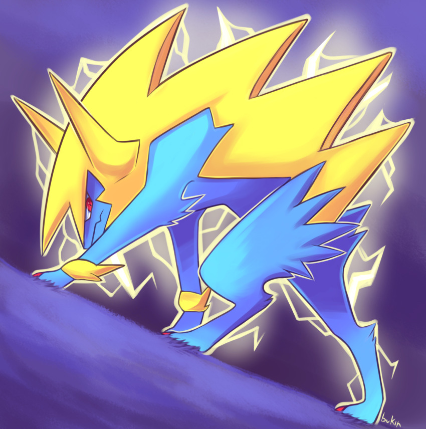 animal_focus artist_request claws electricity full_body gen_3_pokemon glowing highres looking_at_viewer looking_back manectric mega_manectric mega_pokemon nintendo no_humans outdoors pokemon pokemon_(creature) red_eyes sharp_teeth solo spiked_hair standing teeth