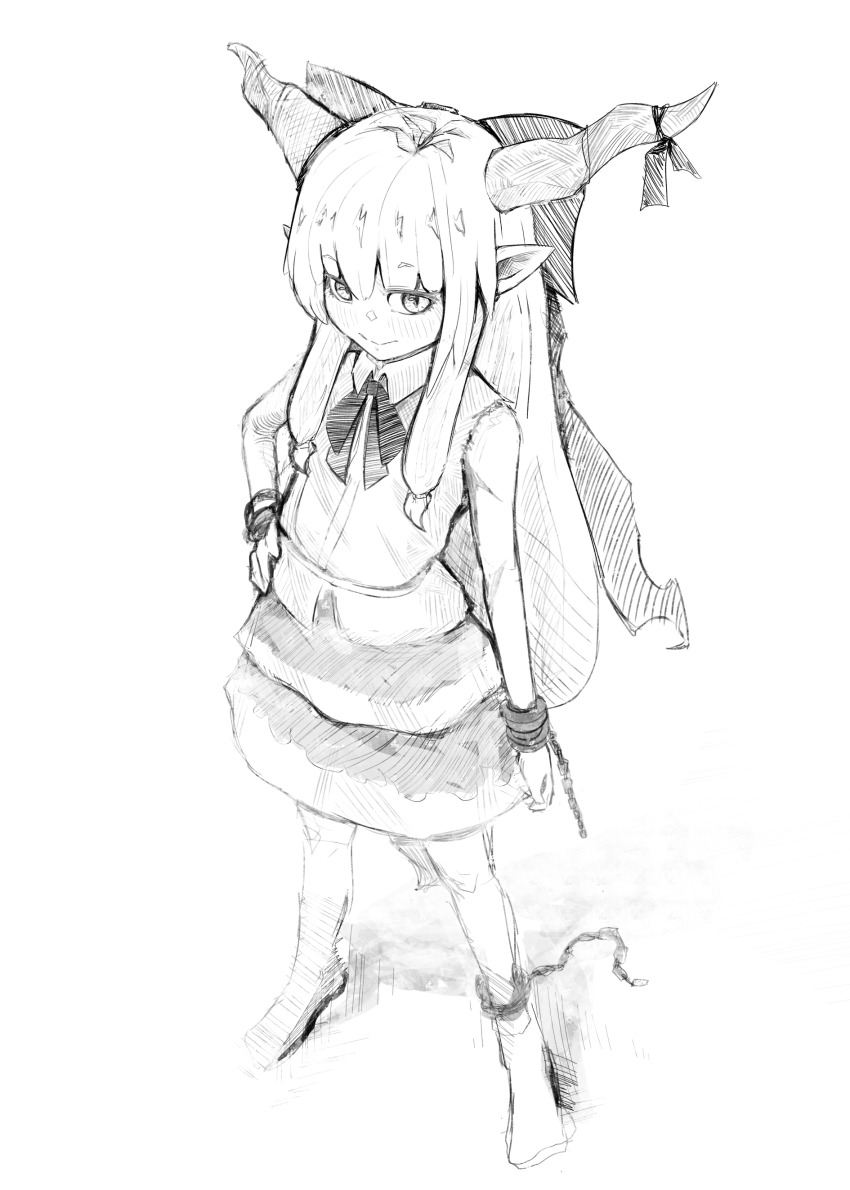 1girl 4rdilla absurdres bare_shoulders bow chain cuffs full_body greyscale hair_bow hand_on_own_hip highres horn_ornament horn_ribbon horns ibuki_suika long_hair monochrome oni ribbon simple_background skirt sleeveless solo standing touhou white_background