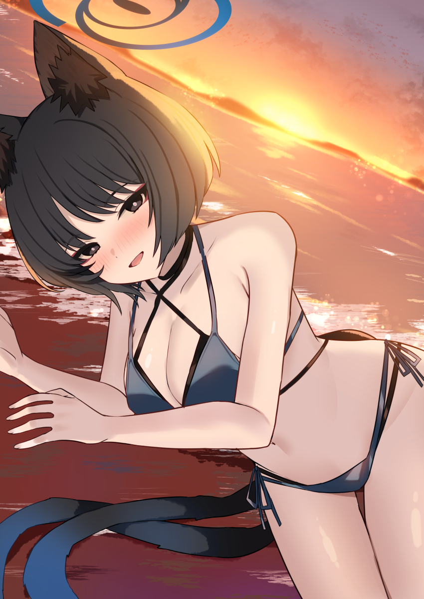 1girl absurdres animal_ear_fluff animal_ears bare_arms bare_shoulders bikini blue_archive blue_bikini blush breasts cat_ears cat_girl cat_tail cleavage highres kikyou_(blue_archive) kikyou_(swimsuit)_(blue_archive) large_breasts lying mi_taro333 multiple_tails ocean official_alternate_costume on_side open_mouth short_hair solo sunset swimsuit tail two_tails