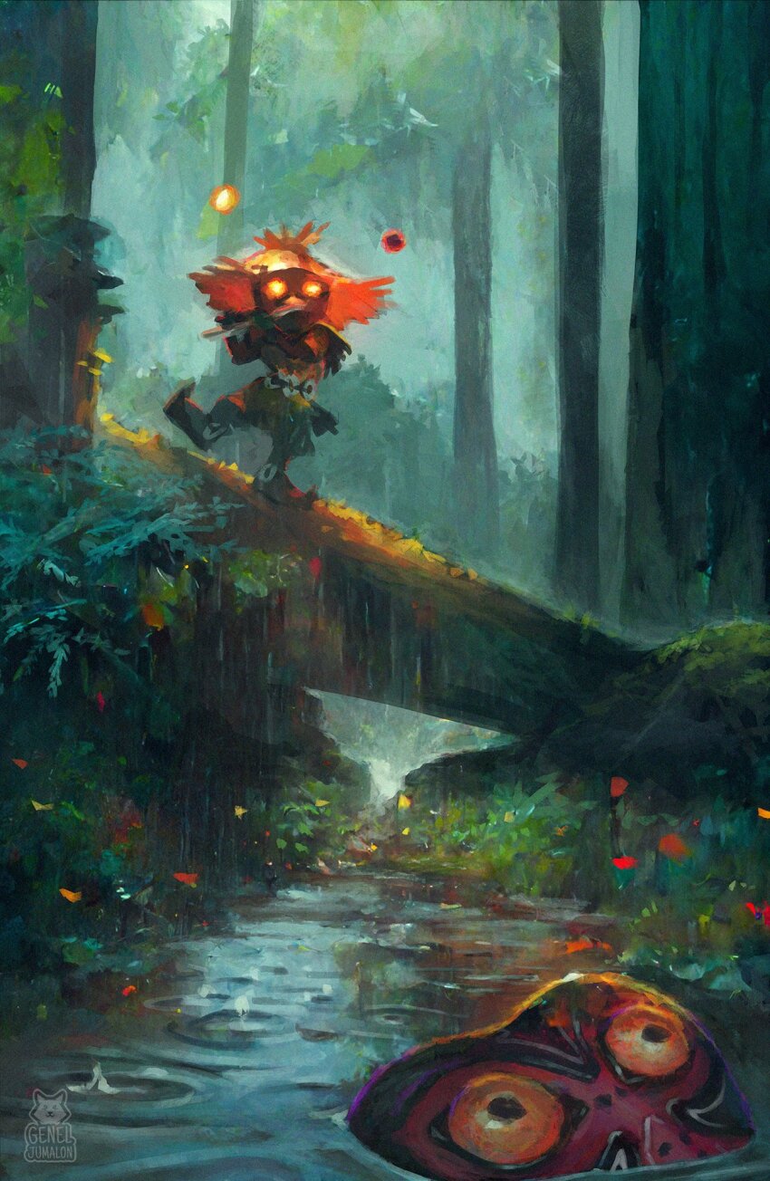 1other fairy flute forest full_body genel_jumalon glowing glowing_eyes highres instrument looking_at_viewer mask unworn_mask nature nintendo outdoors rain river shoes skull_kid standing tael tatl the_legend_of_zelda the_legend_of_zelda:_majora&#039;s_mask tree water watermark yellow_eyes