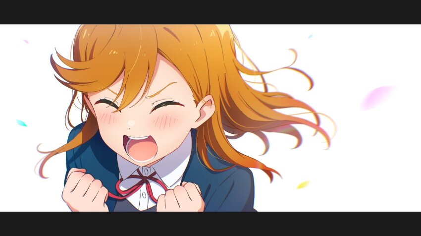 1girl blue_jacket blurry blush clenched_hands closed_eyes collared_shirt commentary floating_hair gyorui_(katsuwo_drawing) hands_on_own_chest highres jacket letterboxed long_hair love_live! love_live!_superstar!! neck_ribbon open_mouth orange_hair red_ribbon ribbon school_uniform shibuya_kanon shirt solo teeth white_background white_shirt winter_uniform yuigaoka_school_uniform