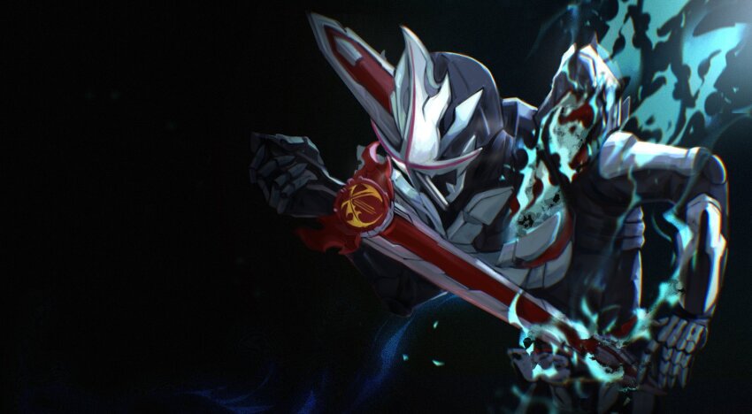 1boy aqua_eyes armor asymmetrical_armor aura black_armor black_background black_fur blue_armor blue_eyes bone breastplate clawed_boots clawed_gauntlets dark_aura dragon dragon_horns elbow_spikes fake_horns fantasy fossil fur_trim gorget greaves helmet highres holding holding_sword holding_weapon horned_helmet horns kaenken_rekka kamen_rider kamen_rider_saber kamen_rider_saber_(series) kamen_rider_saber_primitive_dragon_brave_dragon knight looking_to_the_side male_focus meowq pauldrons redesign reverse_grip sharp_teeth shoulder_armor single_horn single_pauldron solo spiked_armor spiked_gauntlets spiked_helmet spiked_legwear spikes spine sword teeth tokusatsu vambraces weapon