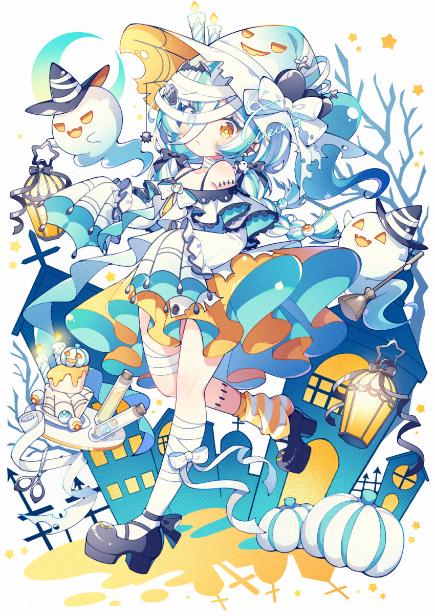 1girl bandaged_head bandaged_leg bandages bare_tree black_footwear blue_eyes blue_skirt building commentary crescent_moon dress fence ghost ghost_pose halloween heterochromia high_heels highres hyou_(pixiv3677917) lantern layered_skirt leg_warmers looking_at_viewer moon orange_eyes orange_skirt original pumpkin simple_background single_bare_shoulder single_leg_warmer skirt sleeves_past_fingers sleeves_past_wrists solo star_(symbol) striped_leg_warmers symbol-only_commentary tree white_background white_dress white_leg_warmers witch yellow_leg_warmers