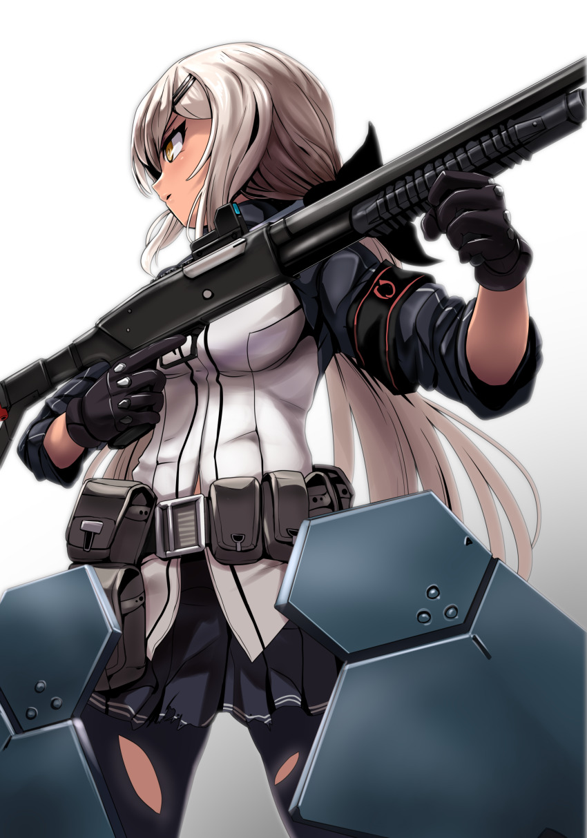 1girl absurdres armor belt black_gloves breasts commentary_request dark-skinned_female dark_skin girls&#039;_frontline gloves gradient_background gun hair_ornament hair_ribbon hairclip highres holding holding_gun holding_weapon long_hair m590_(girls&#039;_frontline) medium_breasts mossberg_590 pantyhose pleated_skirt pouch ribbon shield shield_module shotgun skirt sleeves_rolled_up solo torn_clothes torn_pantyhose very_long_hair weapon white_hair yaruku yellow_eyes